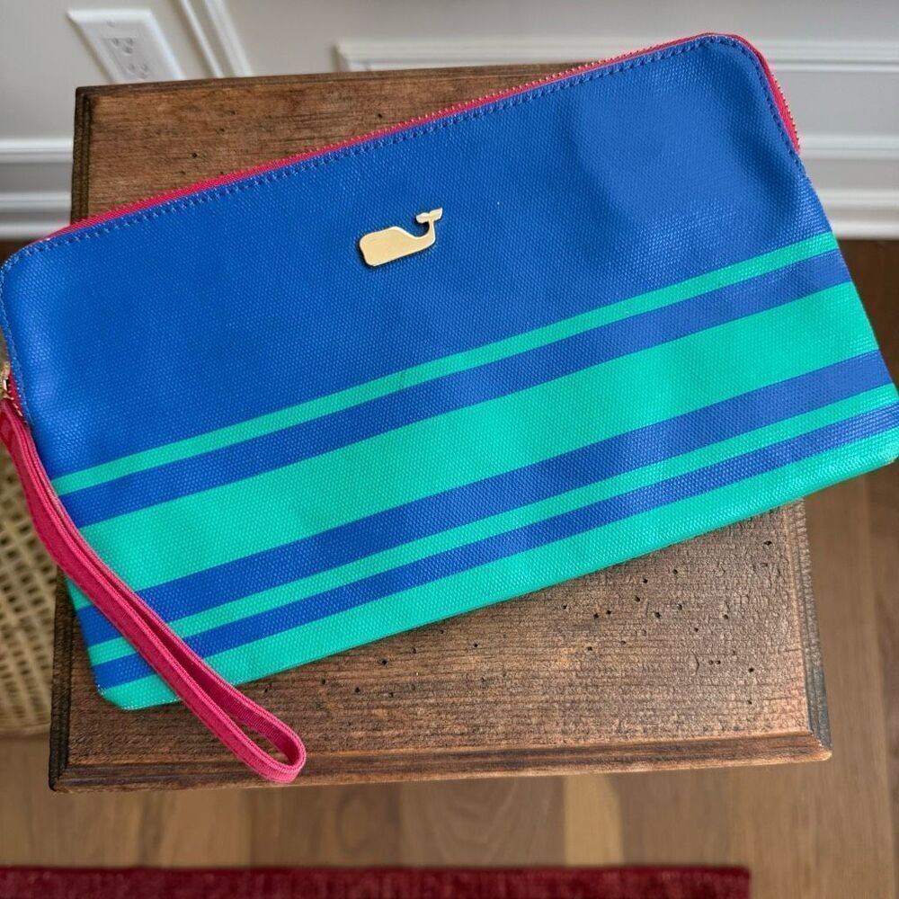 Vineyard Vines Striped Zipper Aviator Blue Green Clutch Wristlet